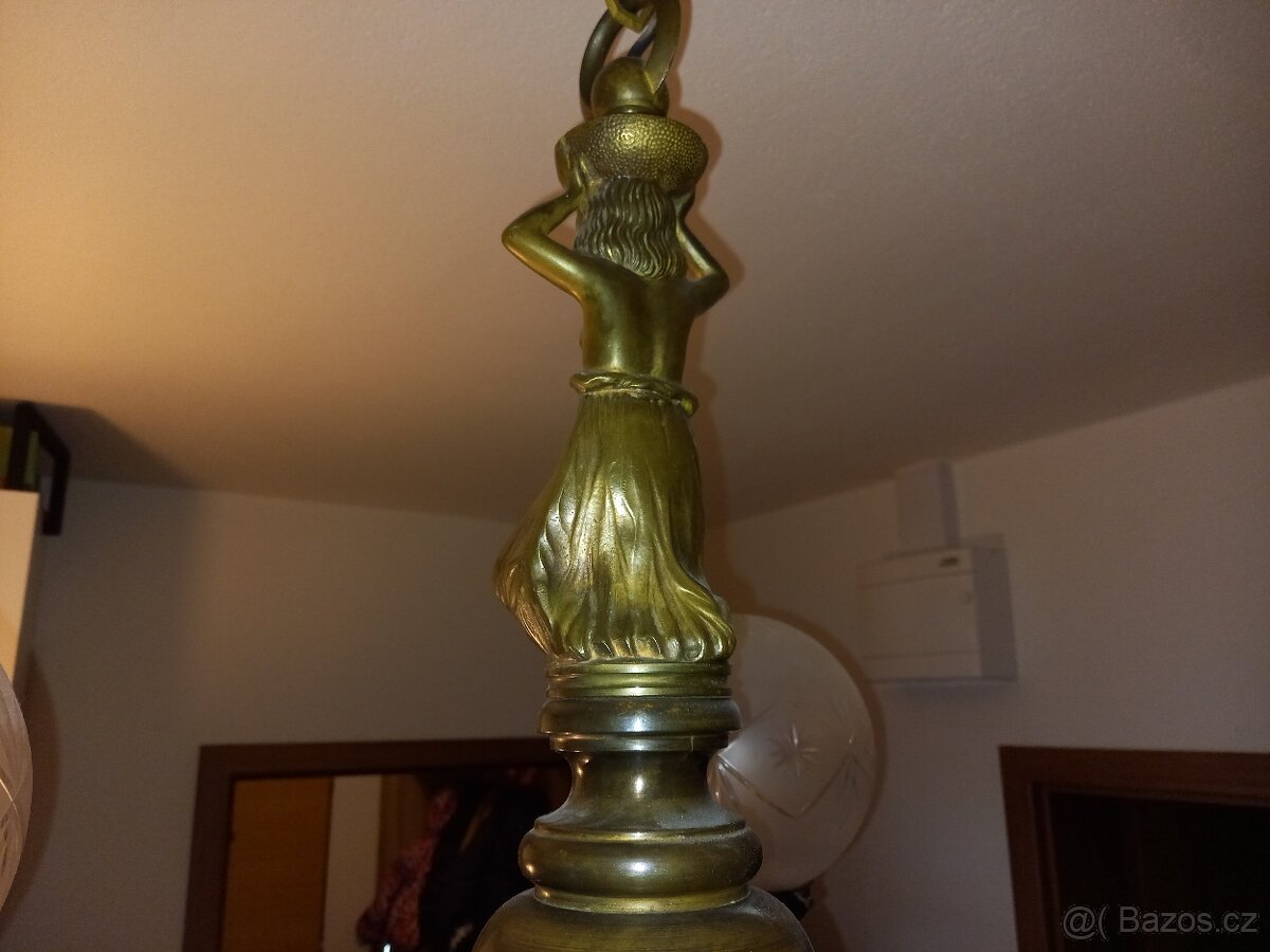 secesní mosazný tříramenný lustr - 8