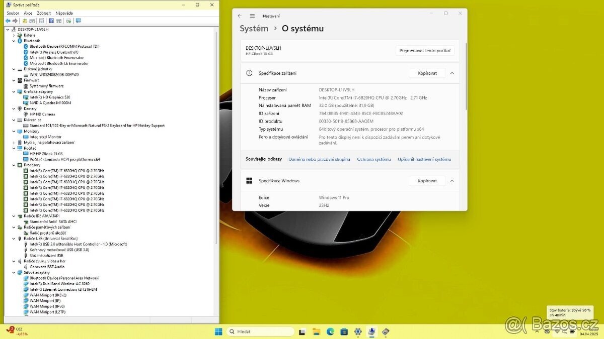 HP ZBOOK 15 G3 /i7-6820/32GB/SSD256GB/M1000M/W11/ZÁRUKA - 8