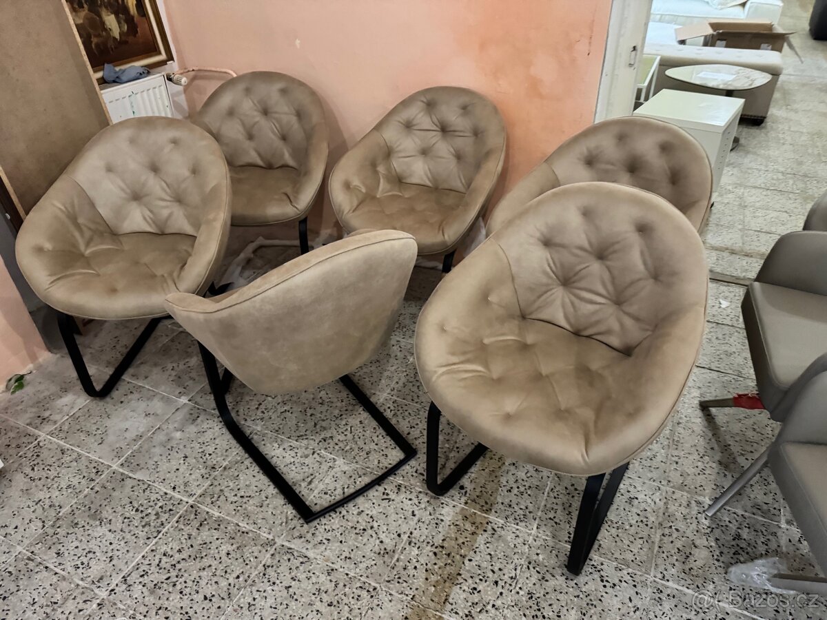 NOVÉ 6x béžové křesílka-židle vintage kov podnož - 8