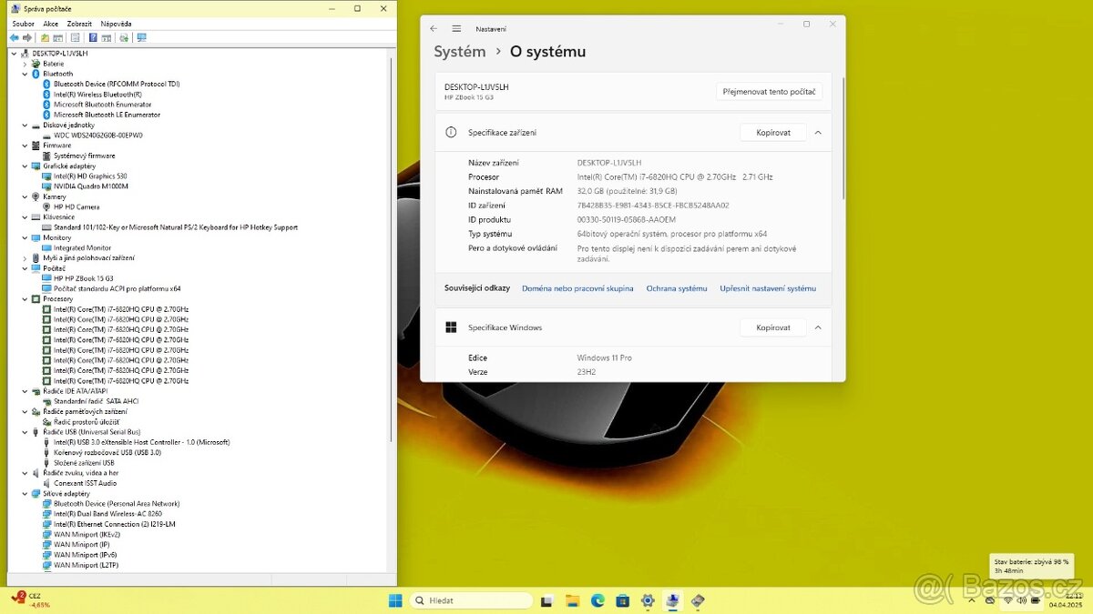 HP ZBOOK 15 G3 /i7-6820/32GB/SSD256GB/M1000M/W11/ZÁRUKA - 8
