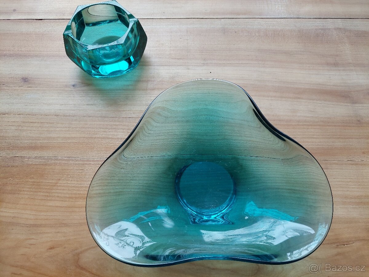 Luxusní skleněná antik váza + mísa + popelník zelené sklo - 8