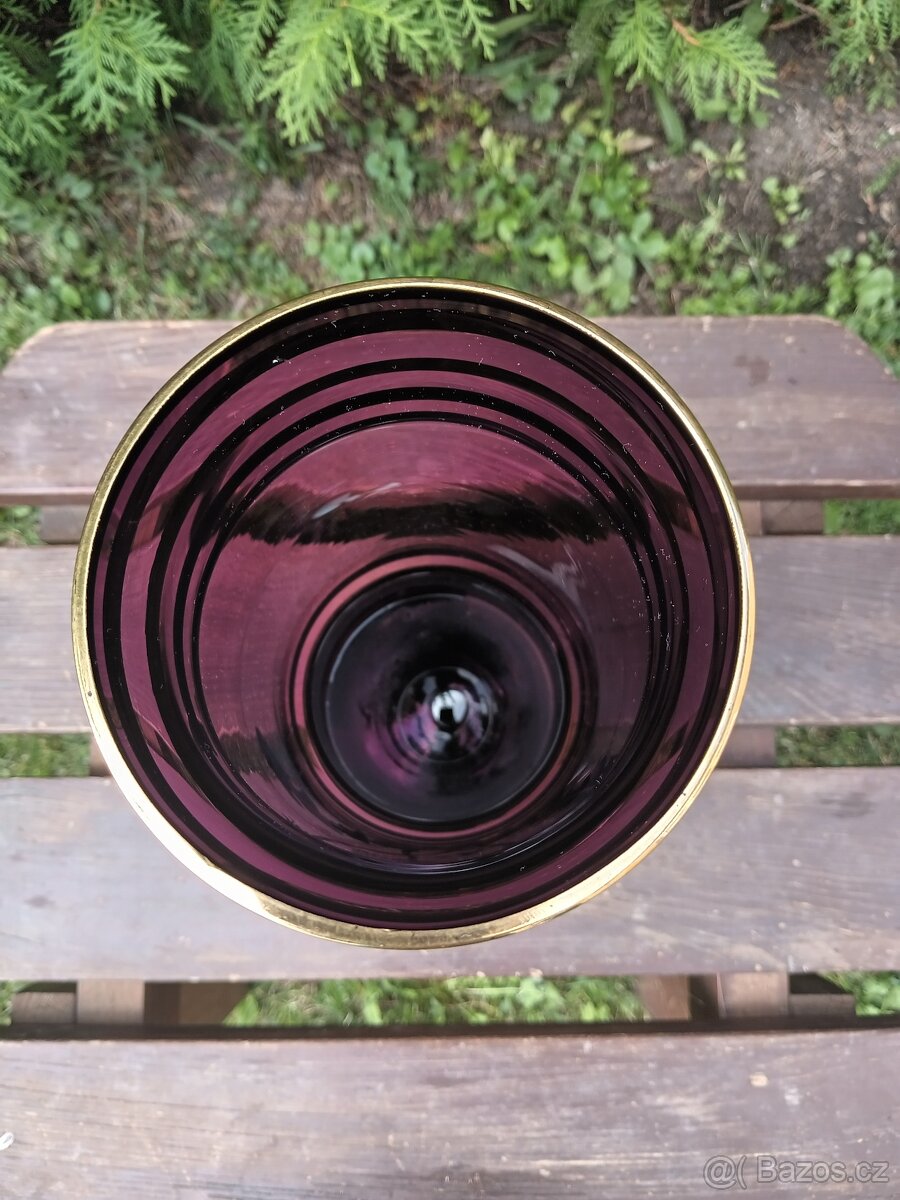 Váza, 70. léta, pozlacené fialové sklo vzor pampelišky - 8