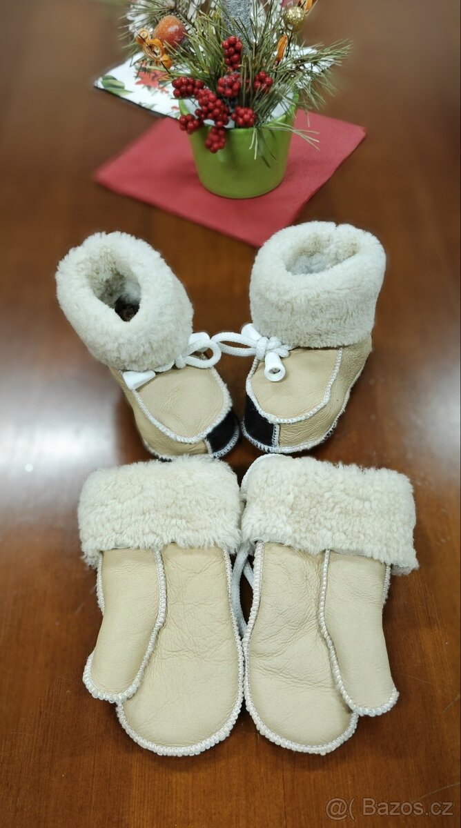 Set kožené rukavičky a botky s ovčí vlnou - 8