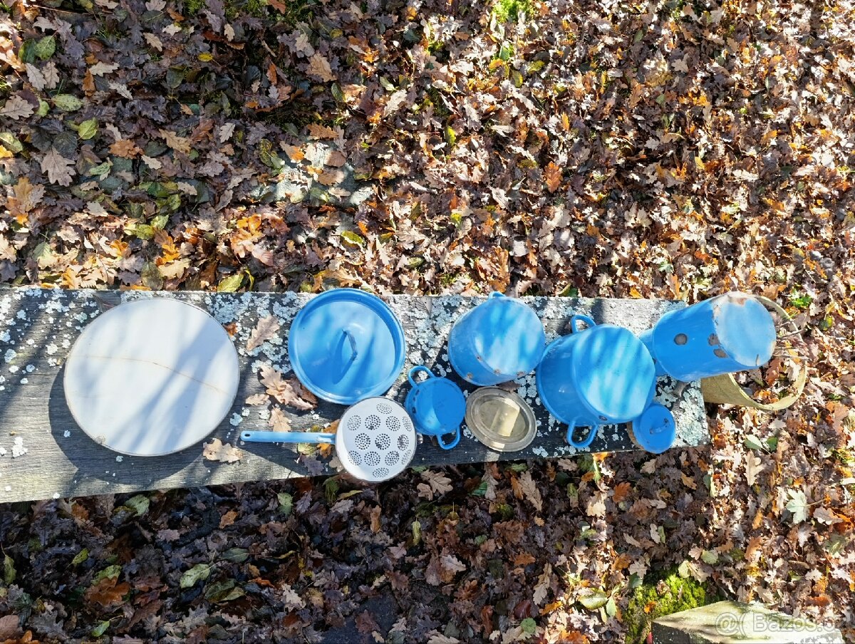 Set starý modrý smalt,secesní podnos, tácek s perletí - 8