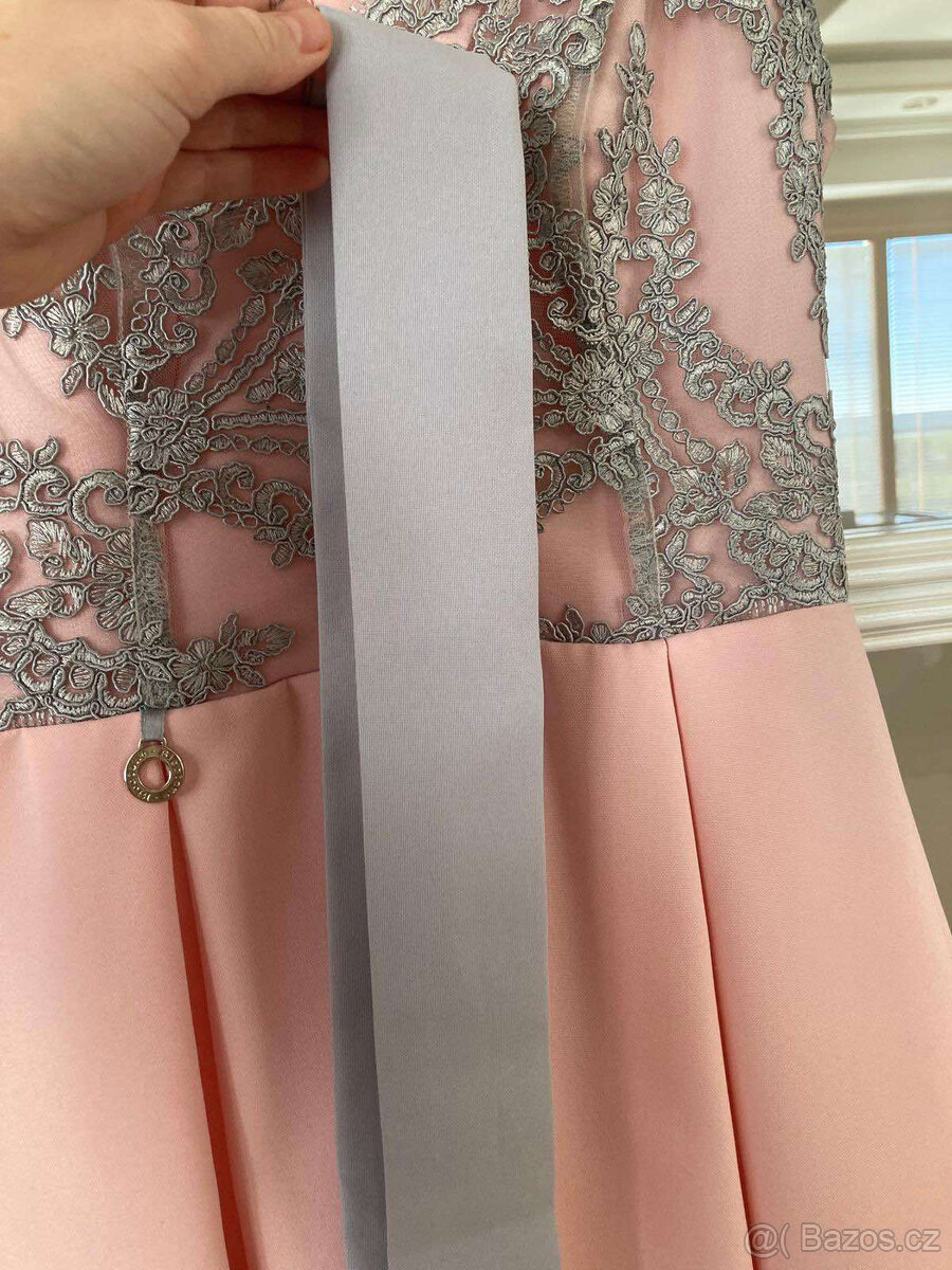 NOVÉ světle růžové šaty s šedou krajkou vel.34-36 - 8
