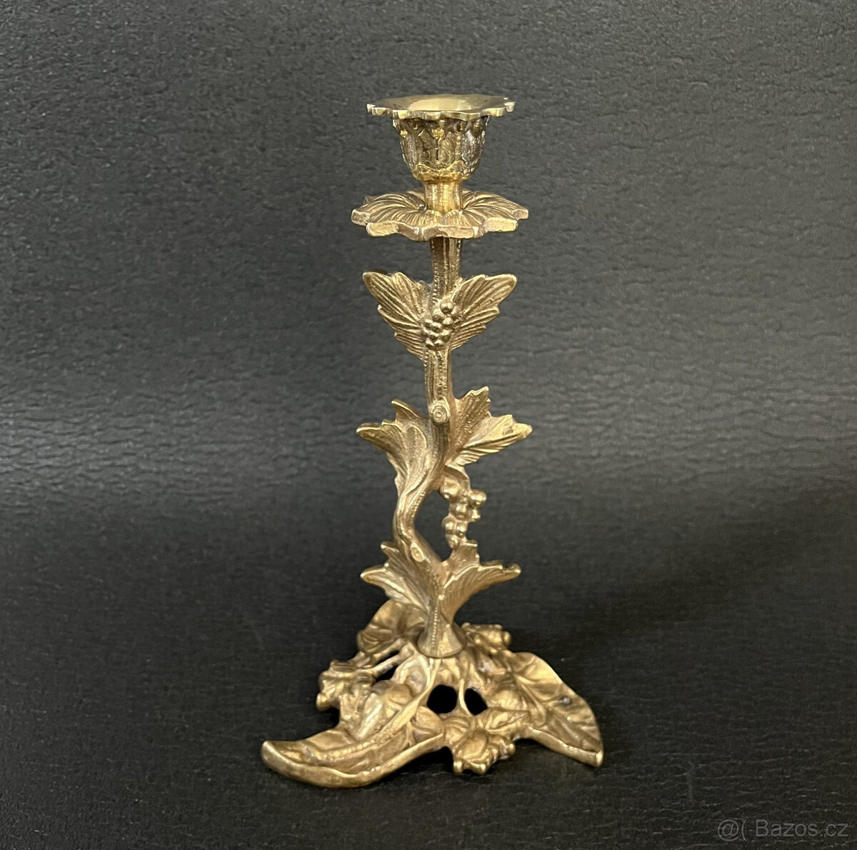 Mosazný retro svícen 21 cm, florální dekor - 8