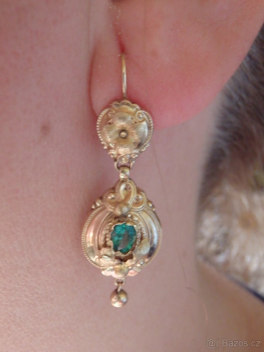 Rakousko-Uherské zlaté náušnice se smaragdy - 8