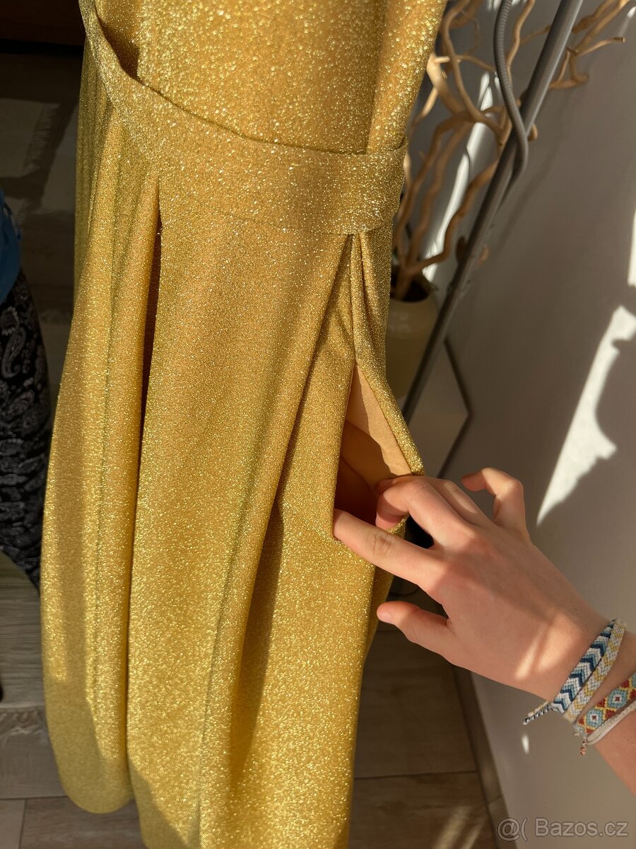 Plesové (maturitní) šaty (zlaté s flitry, vel. M) - 8