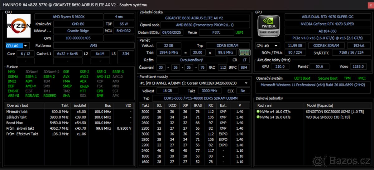 Prodám PC sestavu s Ryzen 5 9600X a RTX 4070 Super - 8