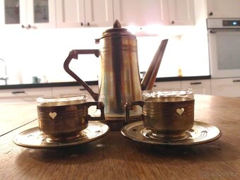Starožitná kávová souprava - kov - sklo - 8