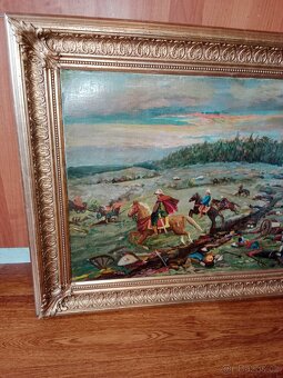 Pěkný,starý obraz-olej- bitva na poli - 8