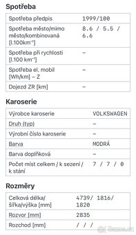 VW SHARAN modrá barva, 2003, nafta 1 896 cm3 85 kW - 8