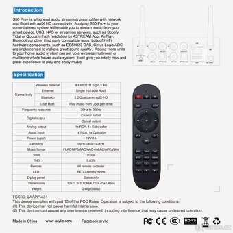 Arylic Up2stream S50 Pro+, WiFi & Bluetooth 5.0 Audio přijím - 8