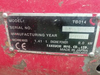Minibagr Takeuchi TB 014, r.v. 2006, ve velmi dobrém stavu, - 8
