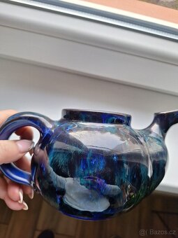 Čajová konvička s cedníkem,  ohřívačem a hrnečkem, keramika - 8