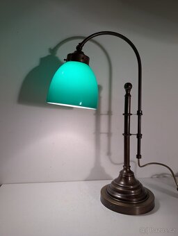 mosazná lampička, lampa, zelené stínidlo, bankéřka - 8