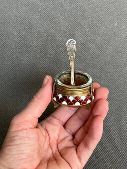 Smaltovaná melchiorová solnička a lžička, SSSR - 8