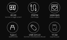 Hub adaptér USB C 3.0 PD HDMI 4K RJ45, univerzální. - 8