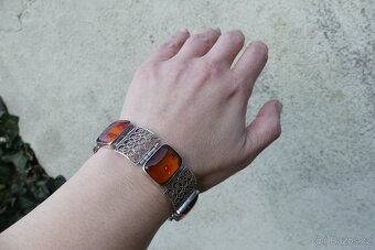 Luxusní stříbrný Art Deco náramek jantar, filigrán - 8