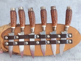 6 x malé nožíky v řadě na dřevéné podložce z břízy. - 8