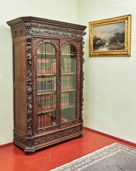Neorenesanční dubová knihovna bohatě vyřezávaná - 8