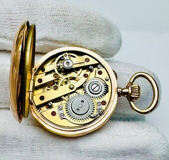 14K ZLATÉ KAPESNÍ HODINKY - JEPTIŠKY S ŘETÍZKEM A ETUI - 8