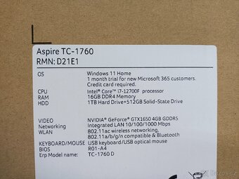 Počítač Acer TC-1760, 1.52 TB, 16 GB RAM, GTX 1650, Core i7 - 8