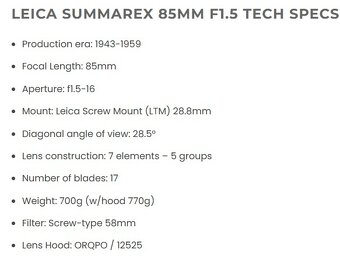 Servisovaný portrétní Leica Germany Summarex 85/1.5 LTM39 - 8