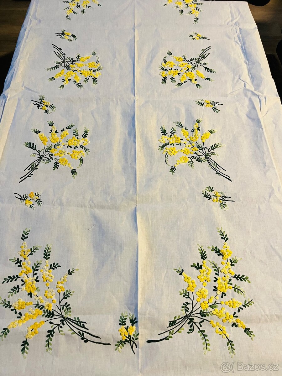 Francouzský plátěný, vyšívaný ubrus (mimóza)+ ubrousky - 9
