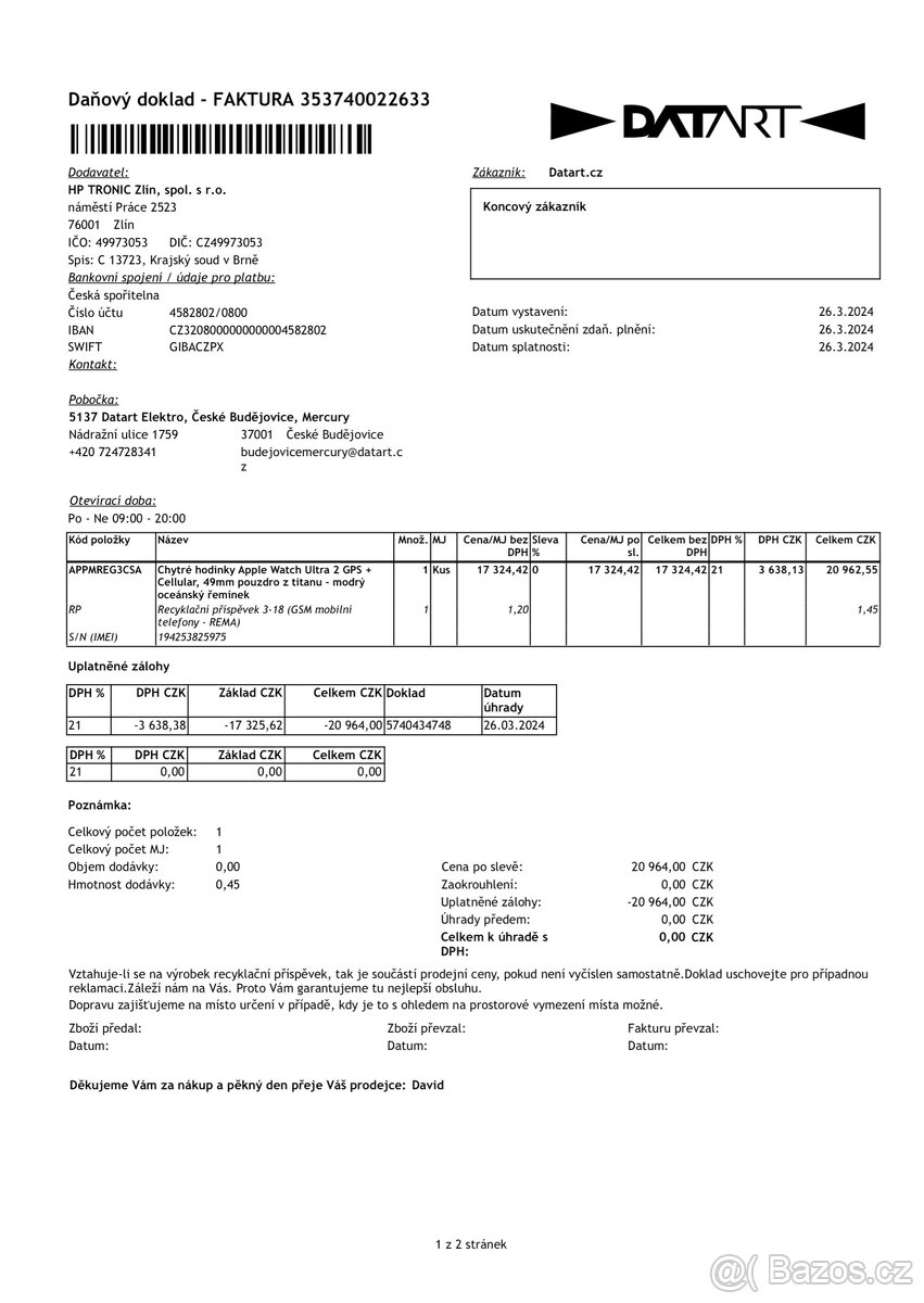 Prodám Apple Watch Ultra 2 - 9