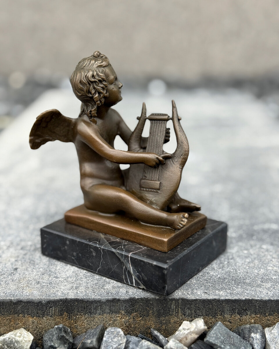 Bronzová andělská soška Putto s lyrou anděl dítě figurka - 9