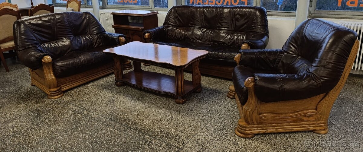 Rustikální kožená sedací souprava, 3 + 2 +1, masív - 9