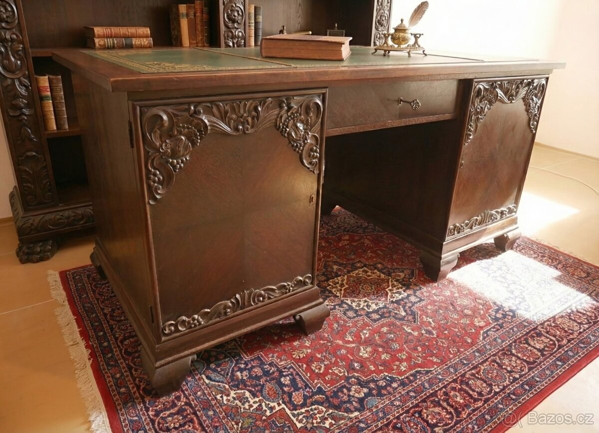 Masivní starožitný psací stůl - dub, ruční řezby vinné révy - 9