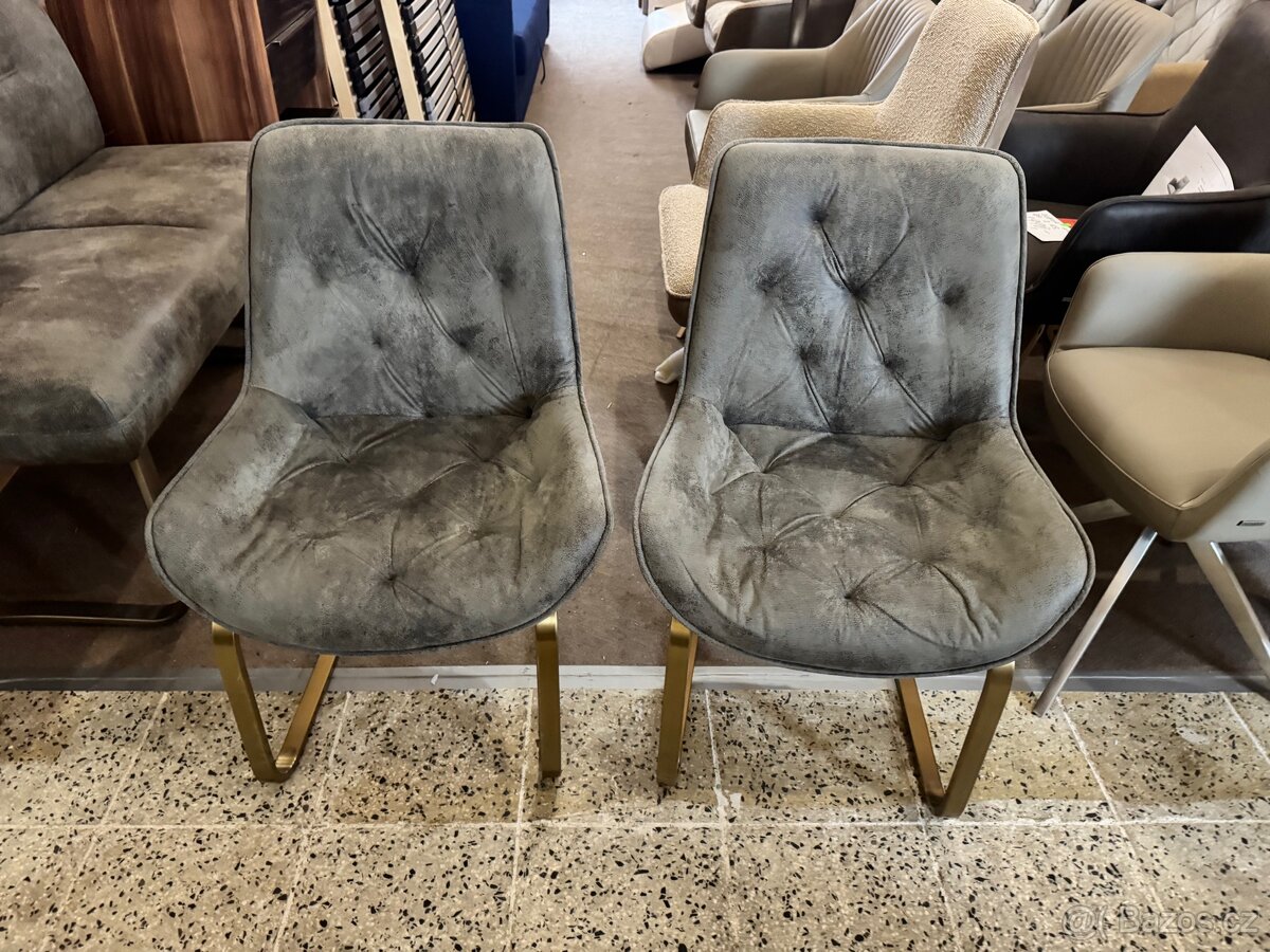 2x NOVÉ jídelní Šedé křesílka-židle zlatá podnož - 9