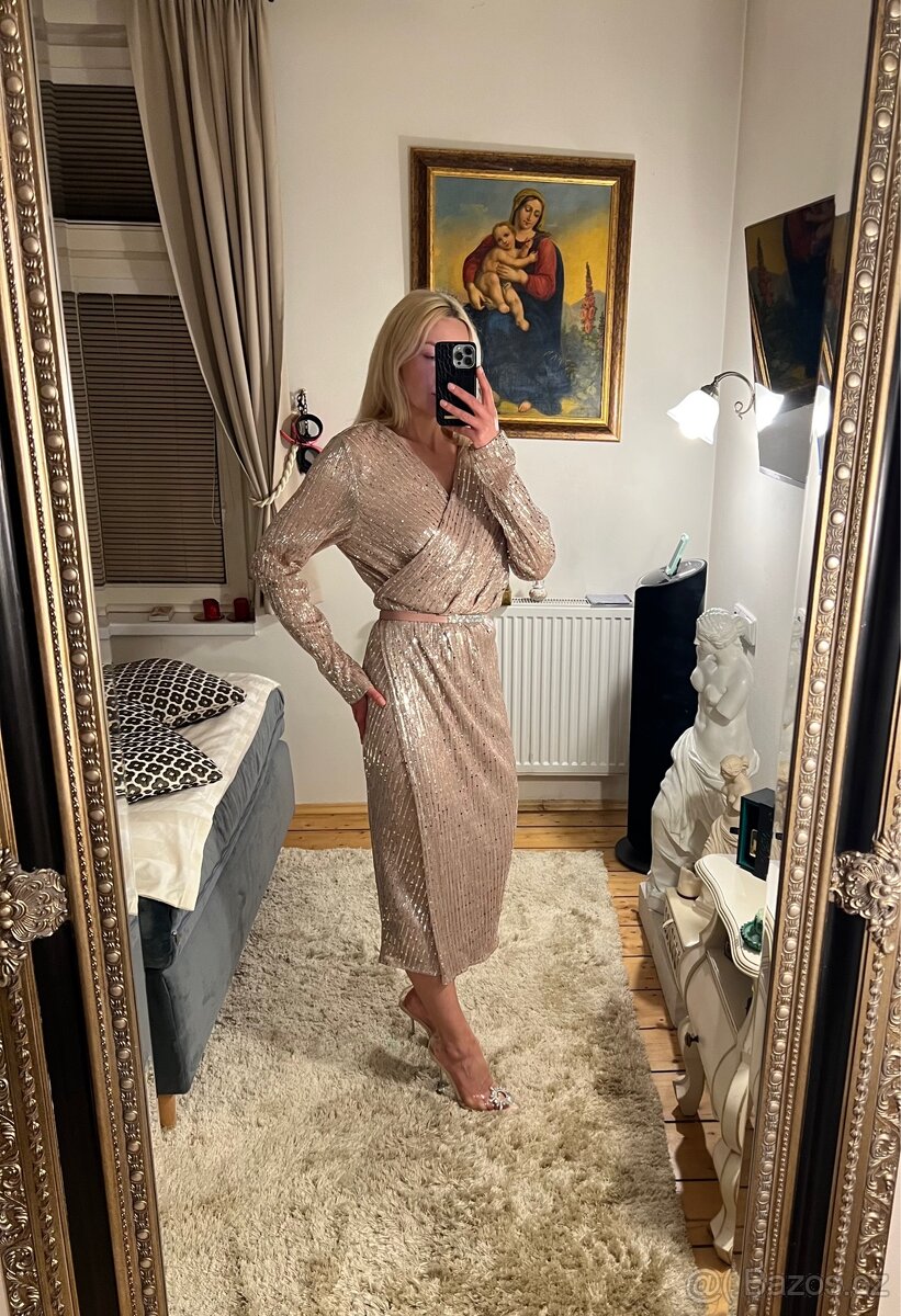 Pudrové midi šaty zn. Lilium s flitry - 9