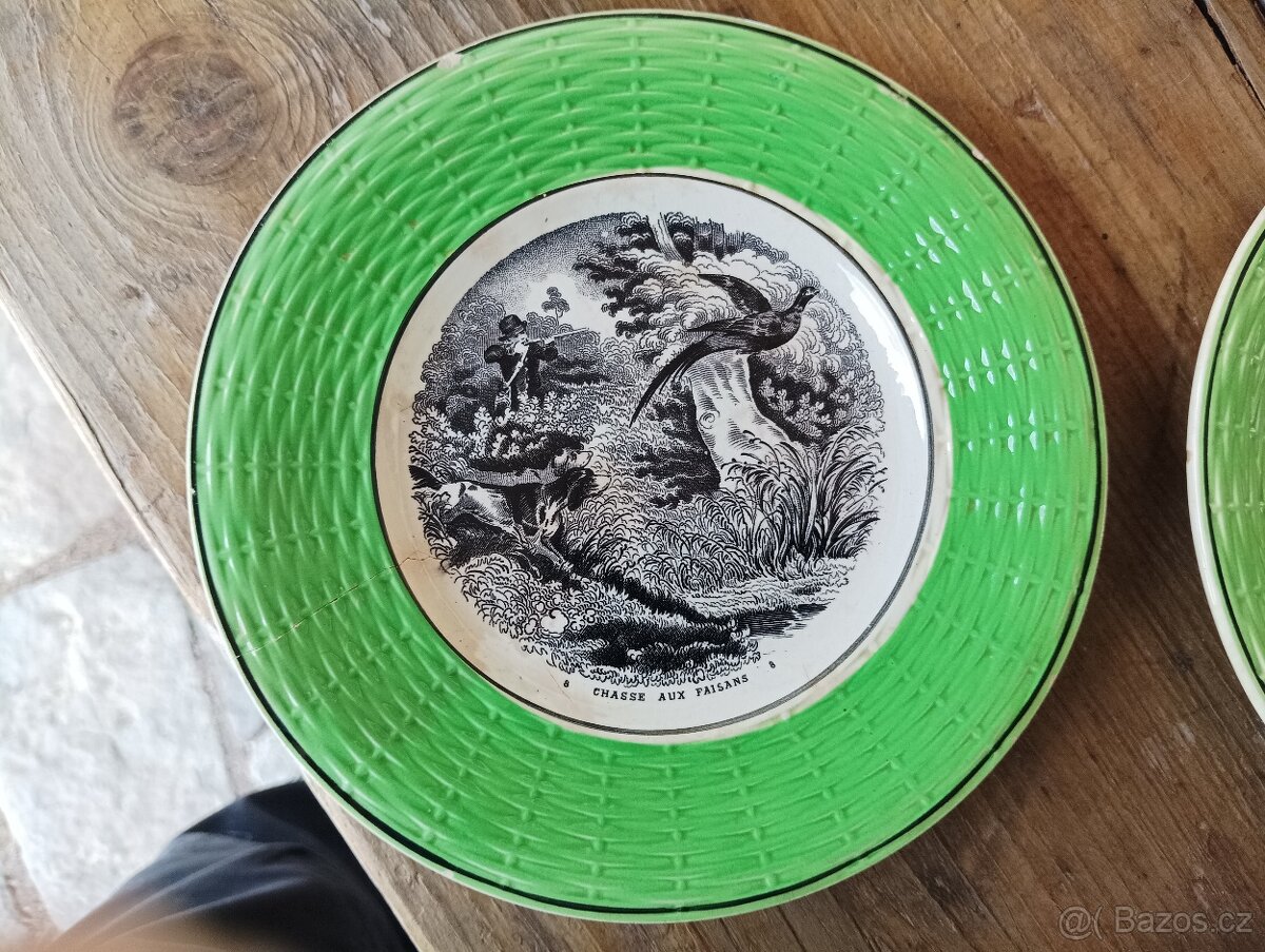 STAROŽITNÉ SARREGUEMINES DEZERTNÍ TALÍŘE 19.STOL. MYSLIVECKÉ - 9