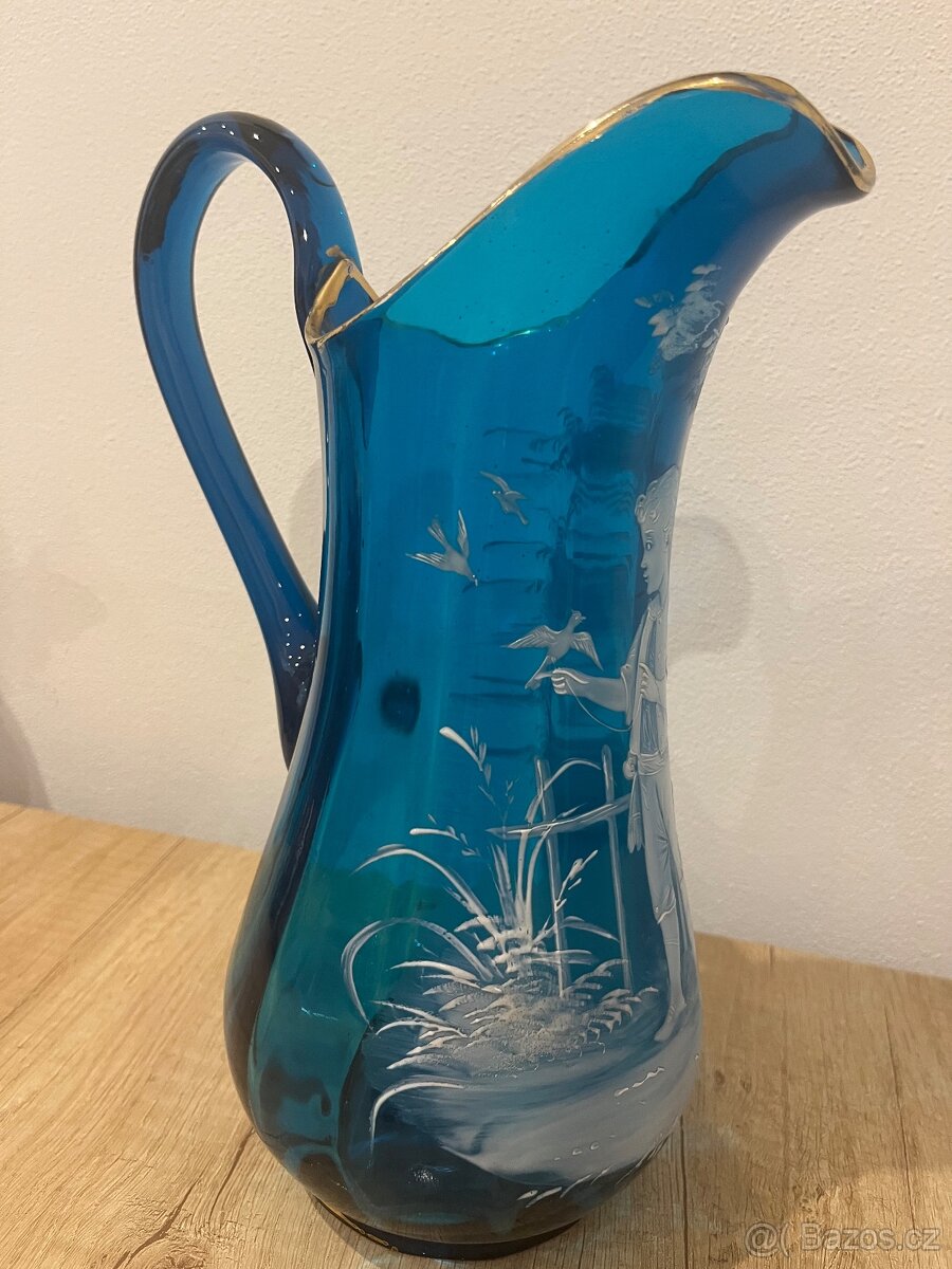 Starožitný modrý džbán s ruční malbou - 9