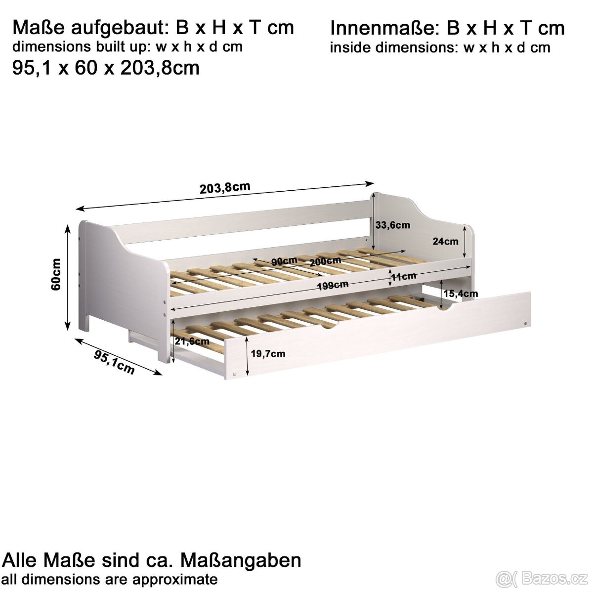 Nová rozkládací postel masiv borovice bílá - 9