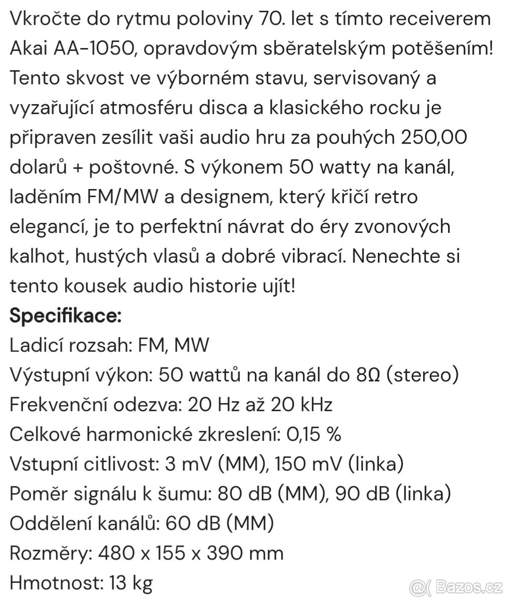 JAPONSKÝ PŘIJÍMAČ AKAI AA- 1050 - 9