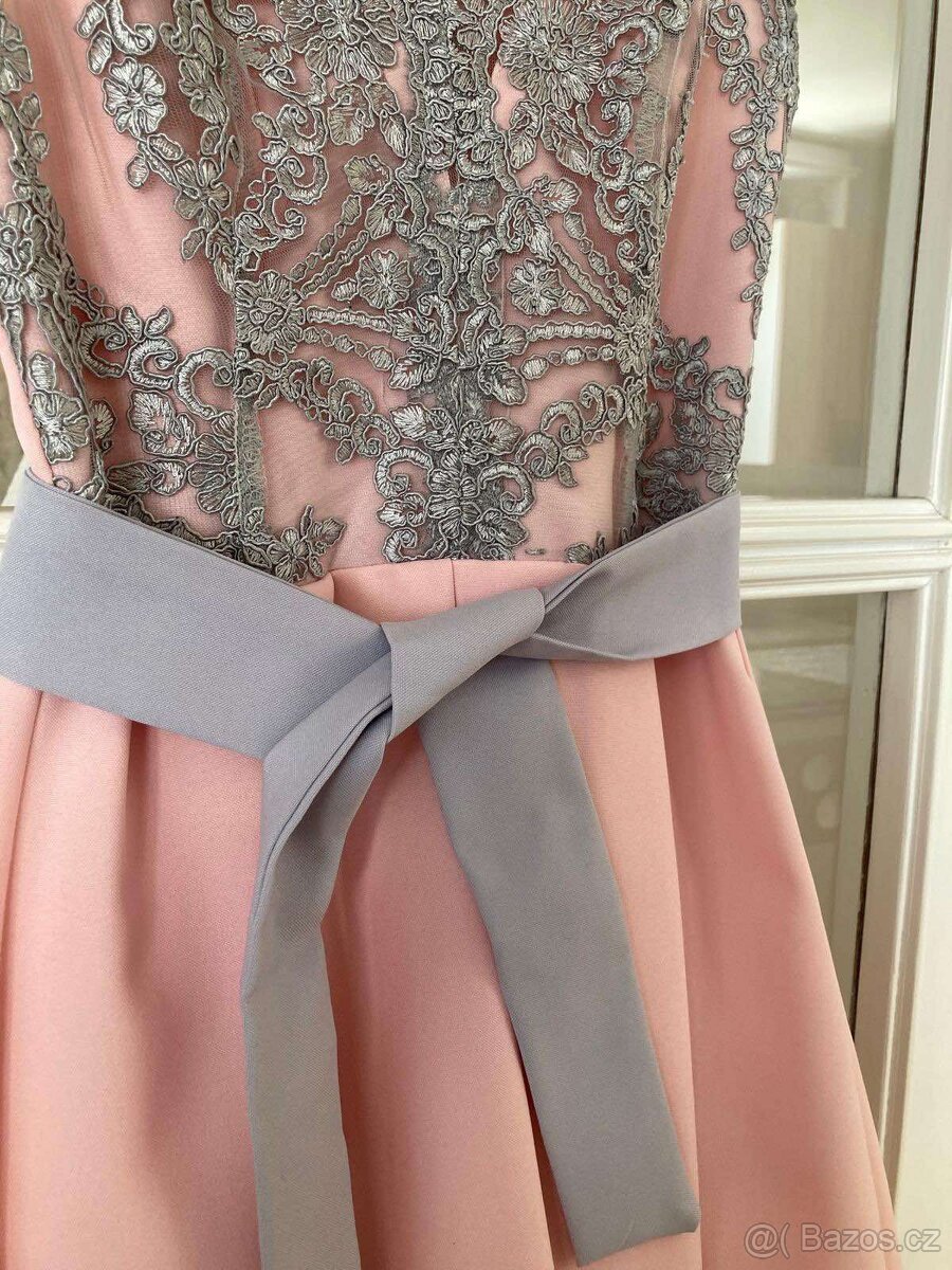 NOVÉ světle růžové šaty s šedou krajkou vel.34-36 - 9