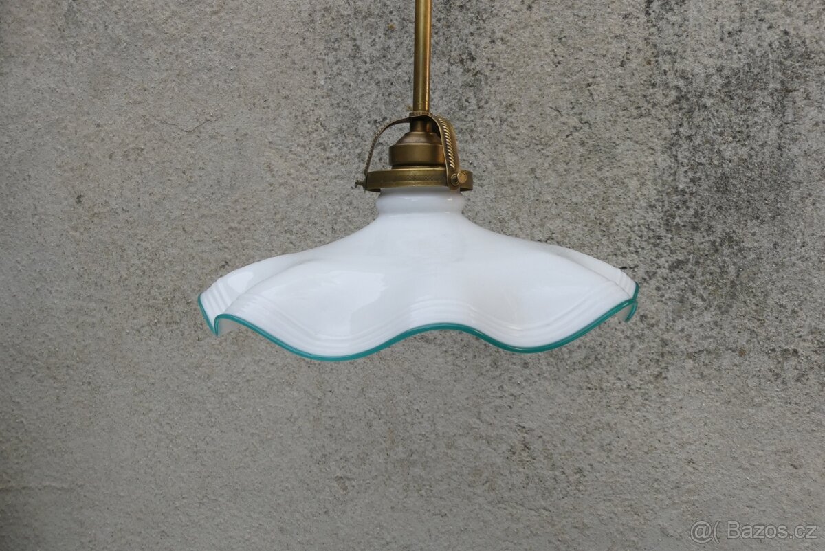 Starožitný lustr, stropnice , zelená linka, mosaz sklo - 9