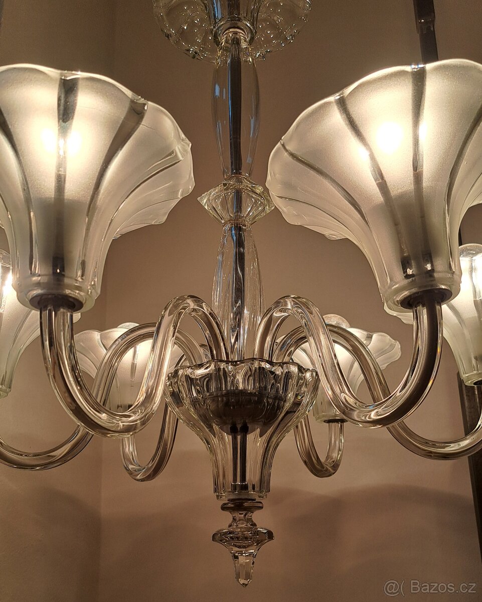 Art Deko, starožitný celoskleněný lustr, osvětlení - 9