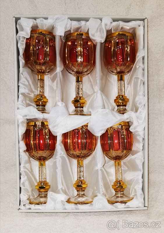 6 dílnou sadu kalených rubínových sklenek se zlacením - 9