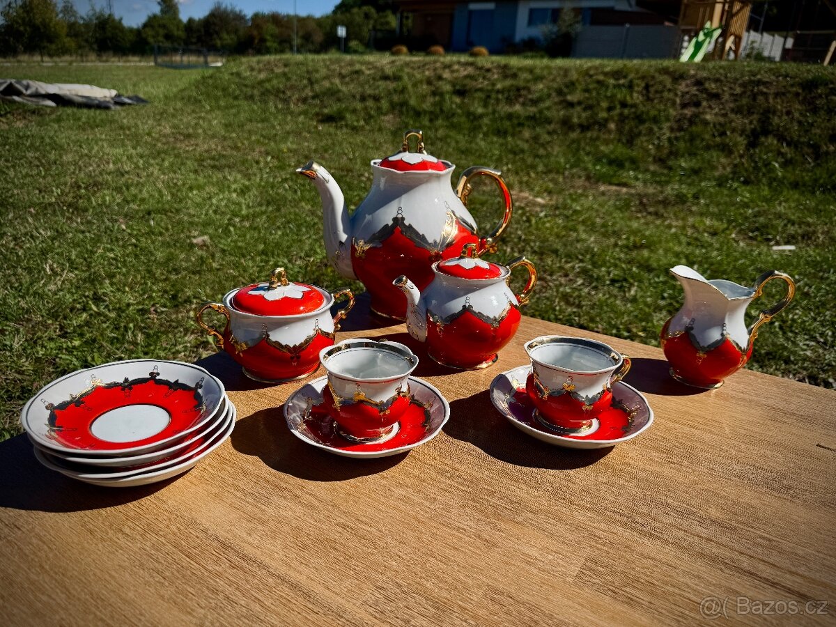 Vintage čajová souprava – Baranivka (SSSR), červeno-bílá se - 9