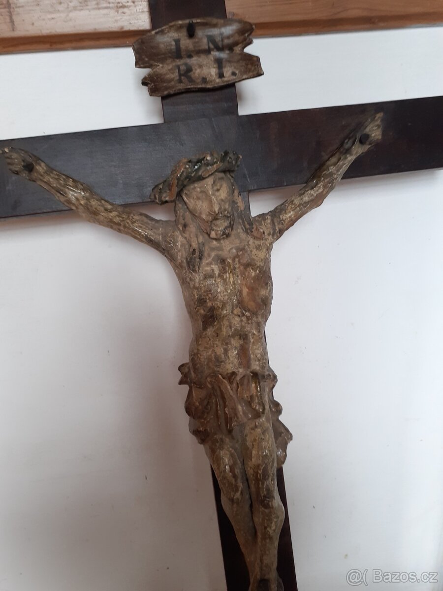 Starožitný kříž ,skleněný obrázek, soška bohyně - 9