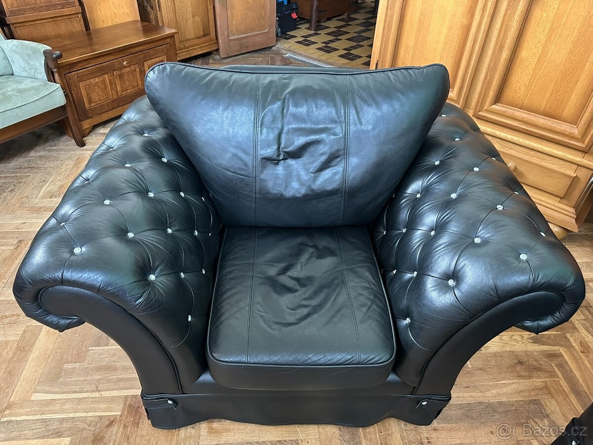 Chesterfield kožená sedací souprava 3+1 černá, - 9