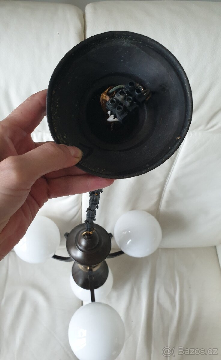 Starožitný lustr art deco na řetězu mosaz velký - 9