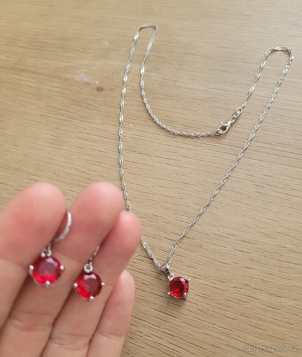 Nová dámská stříbrná červená sada šperků - 9
