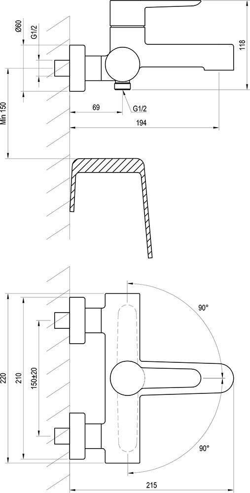 Vanová nástěnná baterie Puri - RAVAK - 9