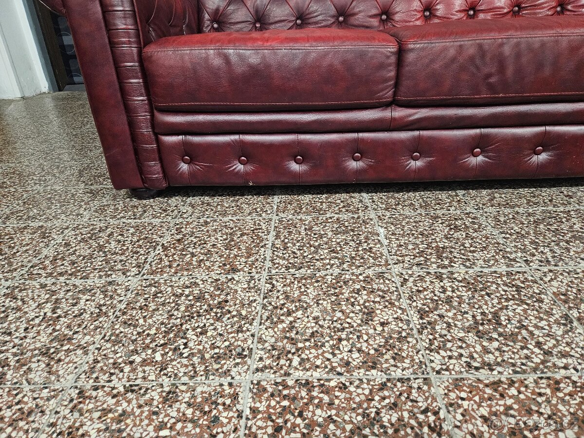 CHESTERFIELD ŠTÝL,BORDOVOČERVENÁ KOŽENÁ SEDAČKA 3+1+1 - 9